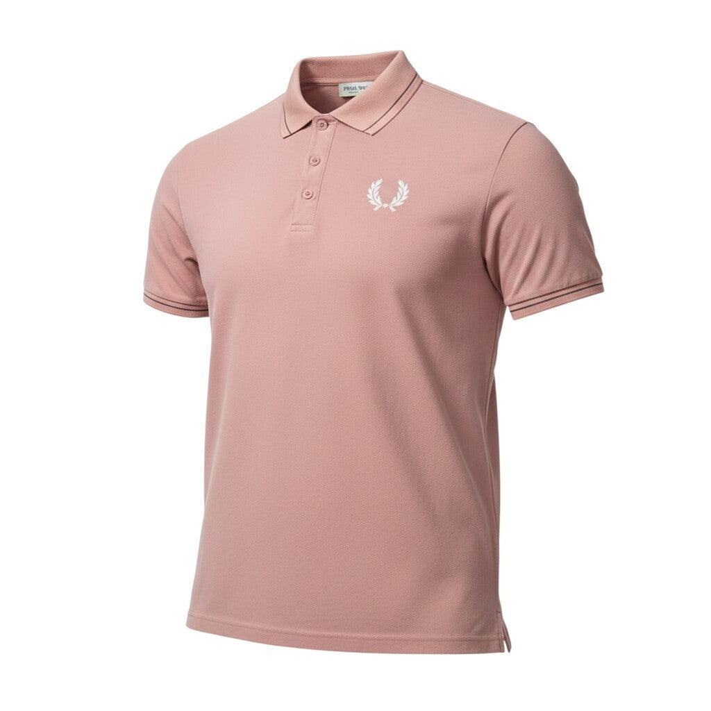 Laurel Wreath pink polo shirt with graphic print and embroidered logo, short sleeves.