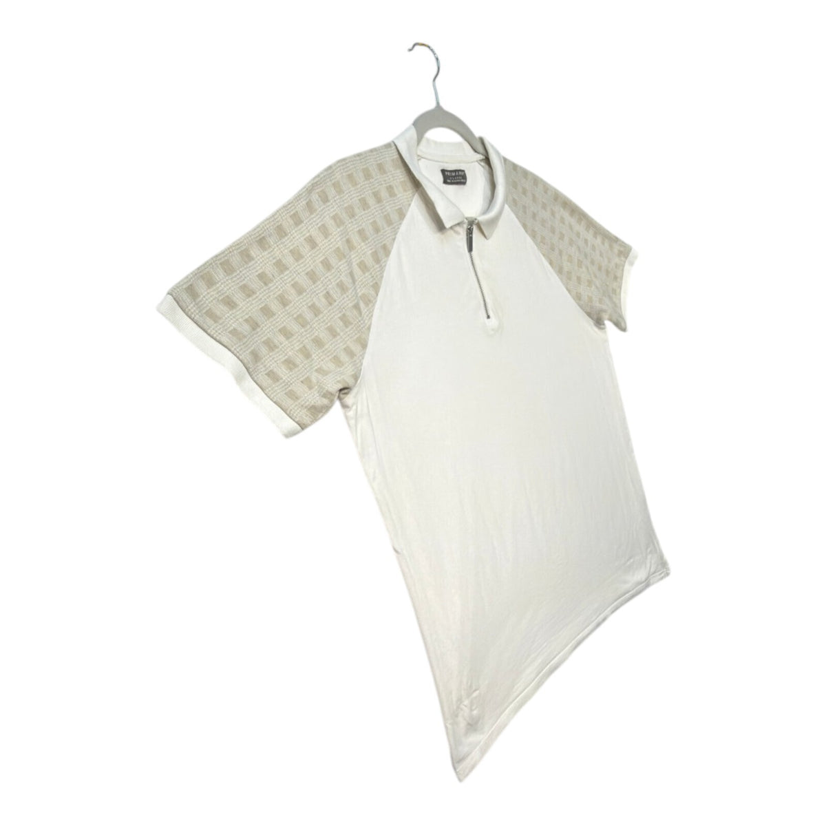 Primark beige zip polo shirt with wing collar and contrasting patterned panels.