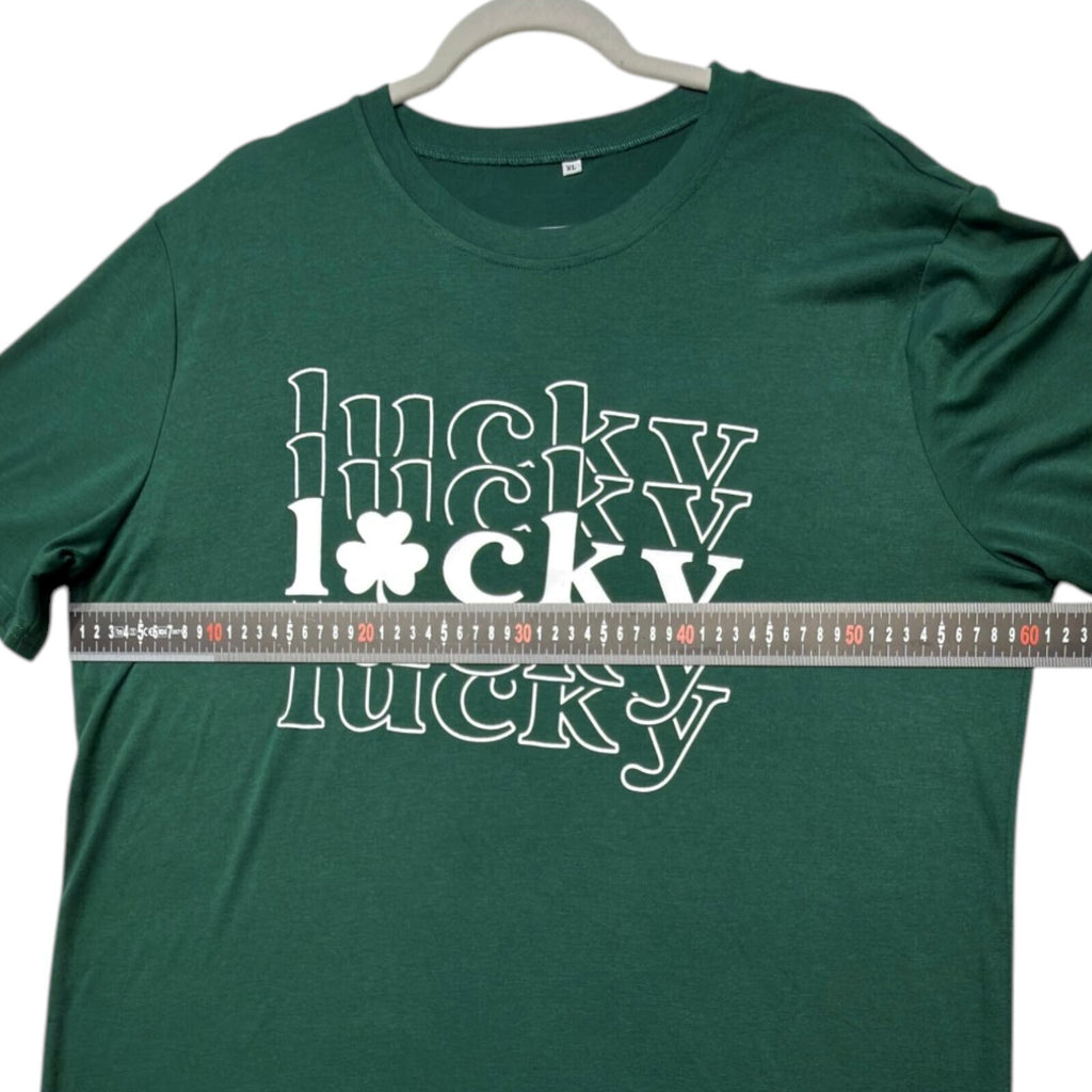 Lucky Star green graphic print t-shirt with repeated lettering and lucky charm design.