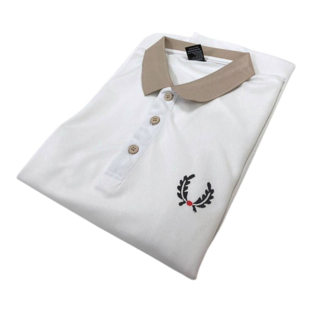 Laurel Wreath white polo shirt with graphic print and structured neckline.