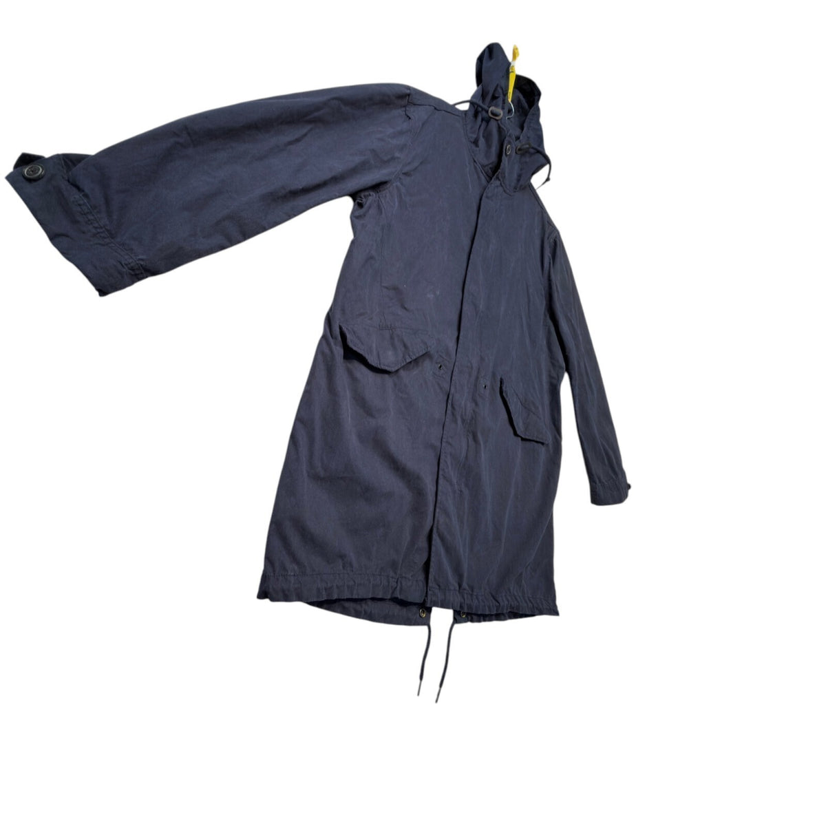 Admiral blue rain coat with drawstring waist, hood, and logo detail.