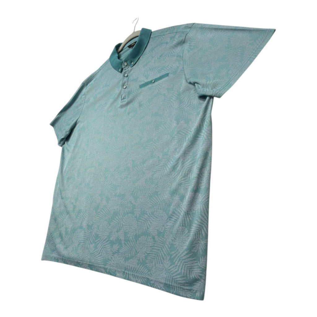 George green polo shirt with pocket, button-down, nature-inspired pattern.