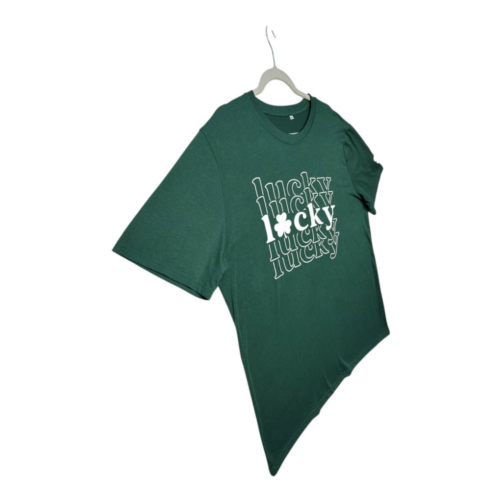 Lucky Star green graphic print t-shirt with repeated lettering and lucky charm design.