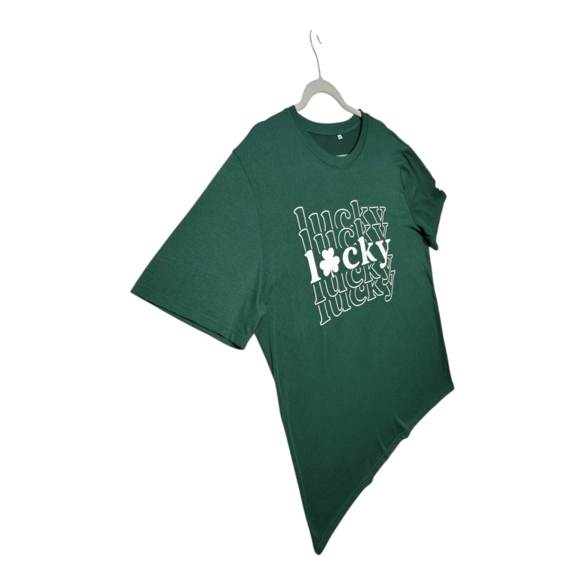 Lucky Star green graphic print t-shirt with repeated lettering and lucky charm design.