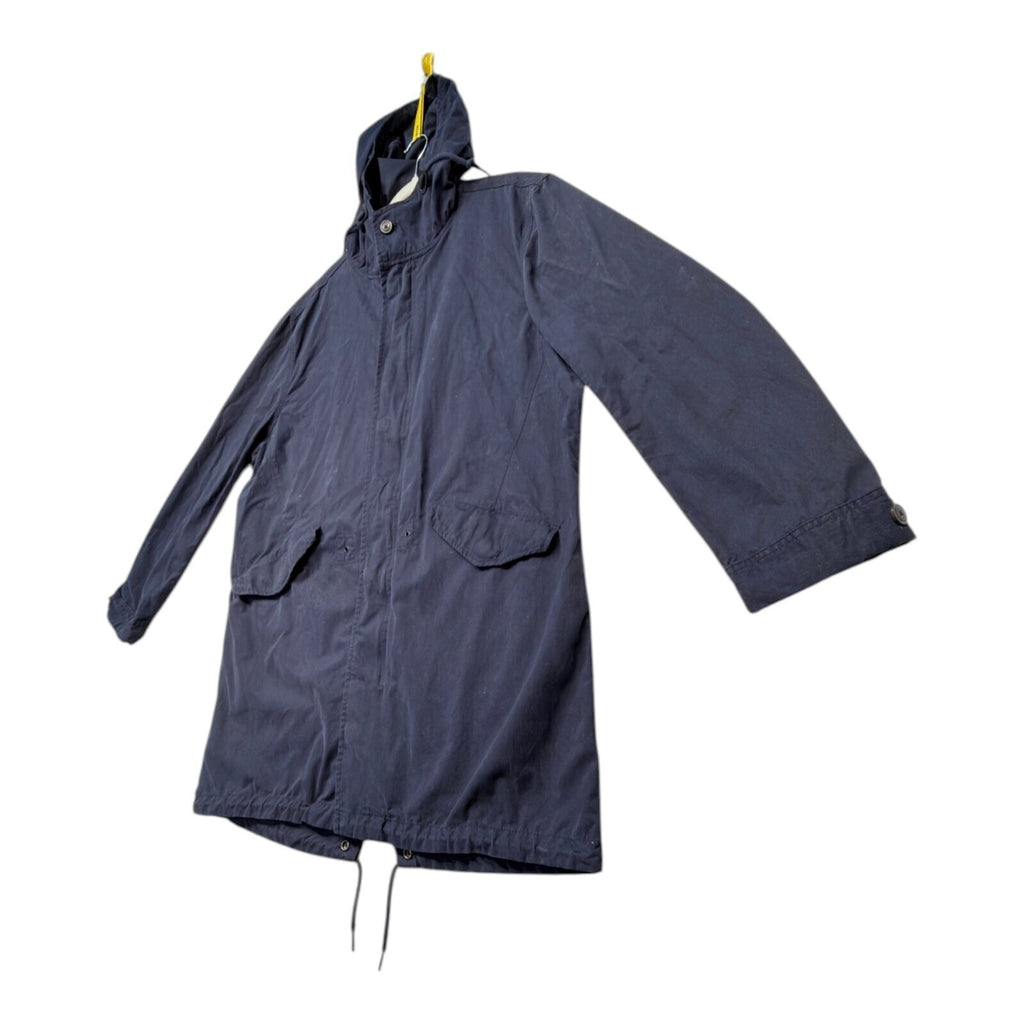 Admiral blue rain coat with drawstring waist, hood, and logo detail.