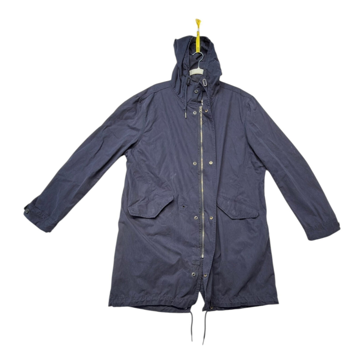 Admiral blue rain coat with drawstring waist, hood, and logo detail.