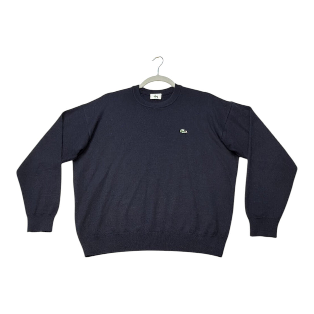 Lacoste blue crewneck sweater long sleeve with embroidered logo and ribbed cuffs.