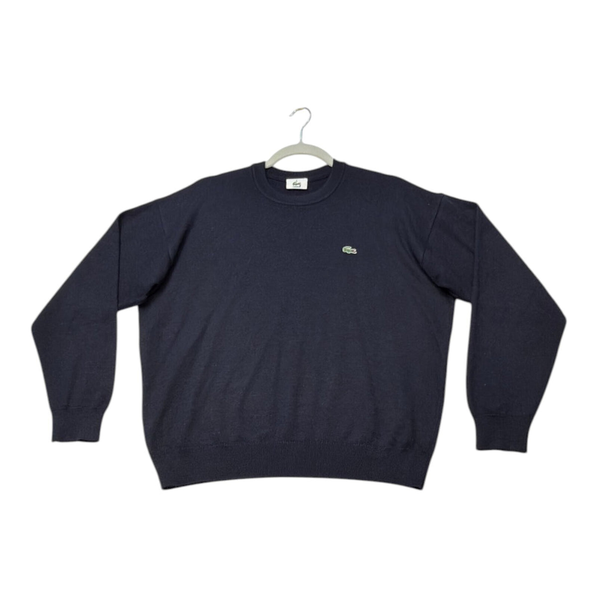 Lacoste blue crewneck sweater long sleeve with embroidered logo and ribbed cuffs.