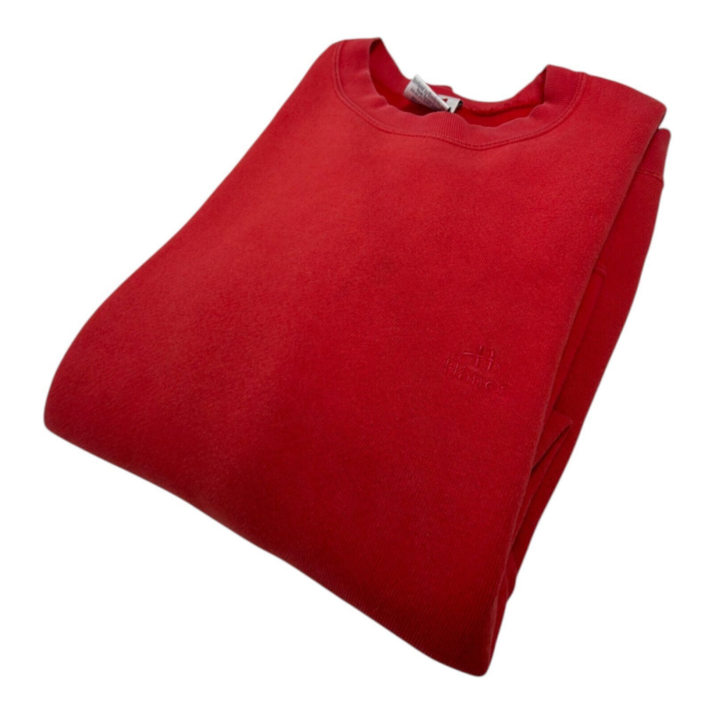 Hanes red crewneck jumper with long sleeves and elasticated cuffs.