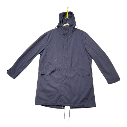 Admiral blue rain coat with drawstring waist, hood, and logo detail.