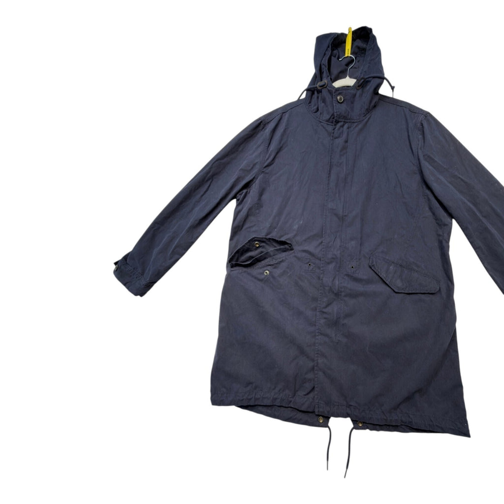 Admiral blue rain coat with drawstring waist, hood, and logo detail.